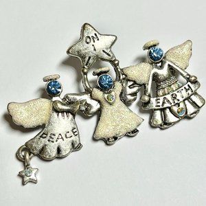 Vintage Christmas Angel Brooch Pin Silver Tone PEACE ON EARTH Star Blue Crystal